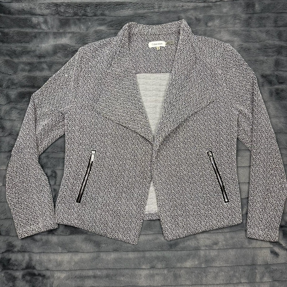 Calvin Klein Womens Black White Knit Open Front Draped Jacket Blazer L CKJOK2849